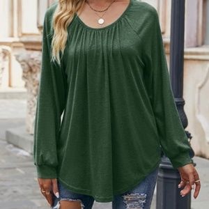 New Women’s Boho Tunic Top Relaxed Fit Pleated Pull On Curved Hem Green Small